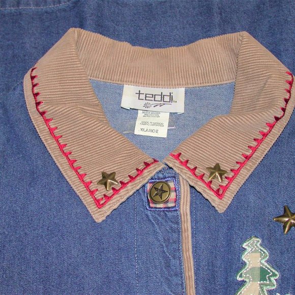Teddi Denim Embroidered & Appliqued Button Front Jacket Corduroy Trim ~ Size XL - Picture 3 of 3